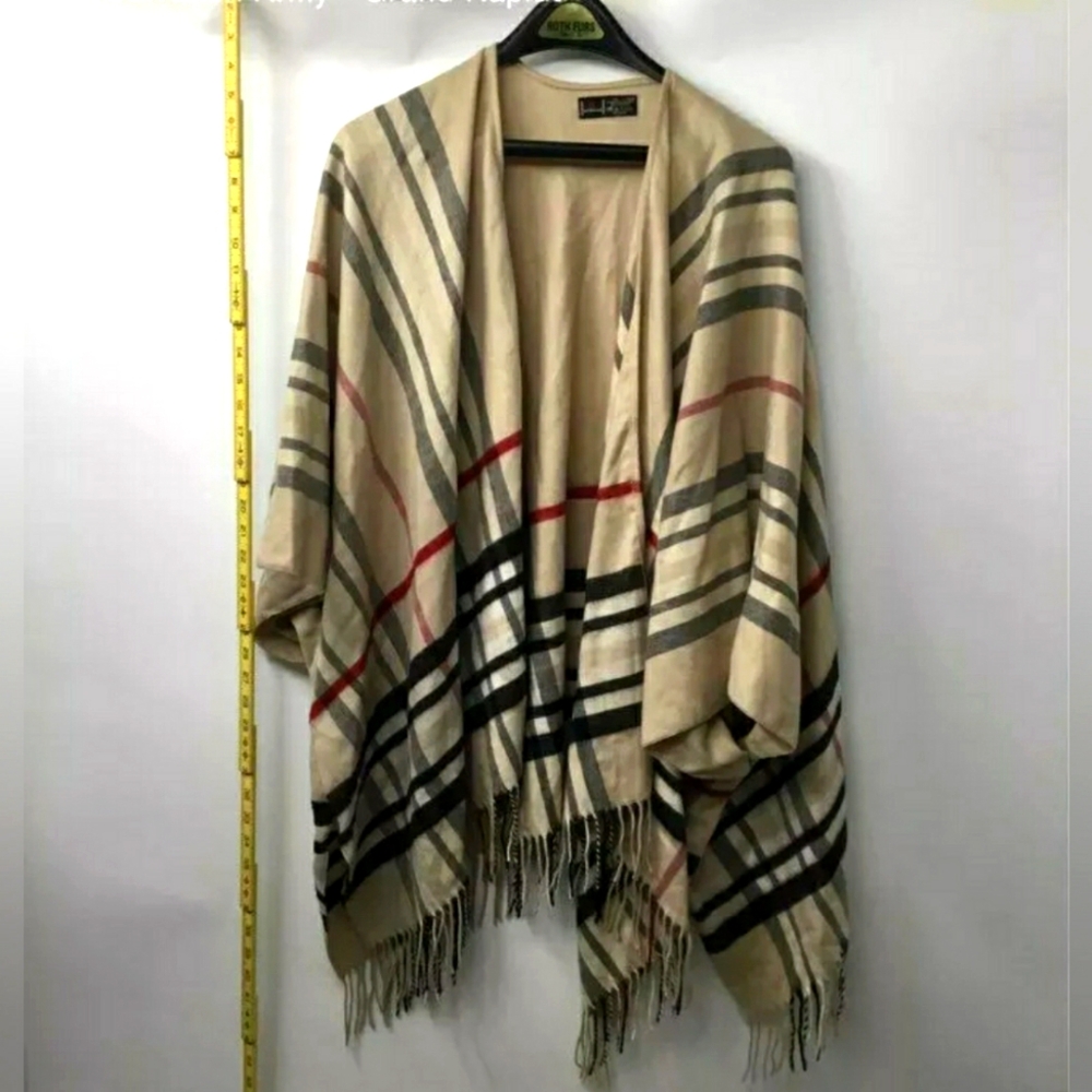 Cashmink By V. Fraas Designer Women Plaid Fringe Wrap Poncho Sweater One Size
